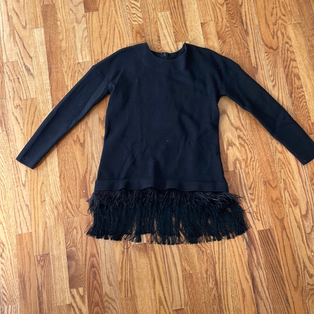 Lela Rose fringe and feather trimmed tunic sweater